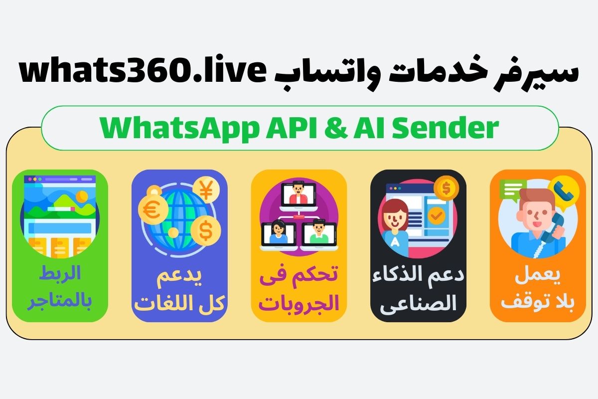 واتس 360 (Whats360.live) هو منصة سحابية متكاملة تتيح إدارة التواصل عبر واتساب باستخدام واجهة برمجة التطبيقات (API). تقدم أدوات متقدمة مثل إرسال رسائل جماعية، إدارة المجموعات، روبوتات الدردشة الذكية، ودمجها مع أنظمة CRM. تُستخدم المنصة لتحسين خدمة العملاء، تنظيم الحملات التسويقية، وزيادة التفاعل مع العملاء عبر واتساب بشكل فعّال وسهل.