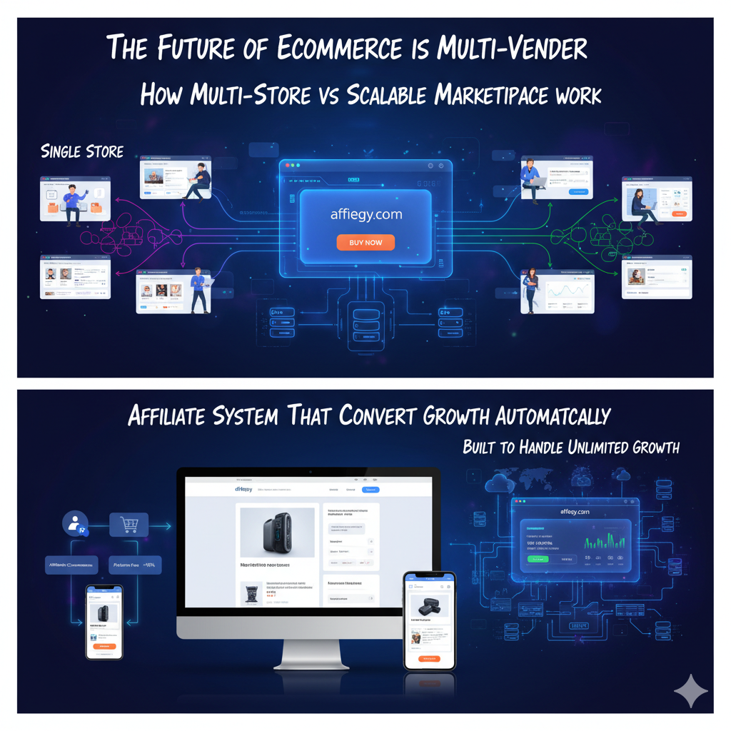 Multi-vendor ecommerce ecosystem architecture showing vendors, affiliates, and platform automation