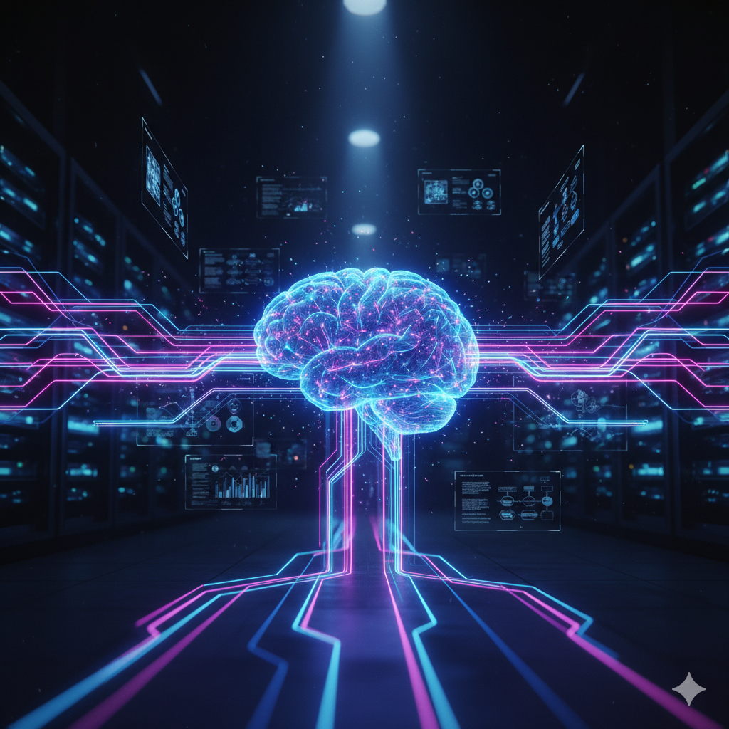 رسم توضيحي لطبقة تشغيل الذكاء الاصطناعي في بيئة الأعمال الرقمية لعام 2026 توضح الربط بين الأنظمة والبيانات