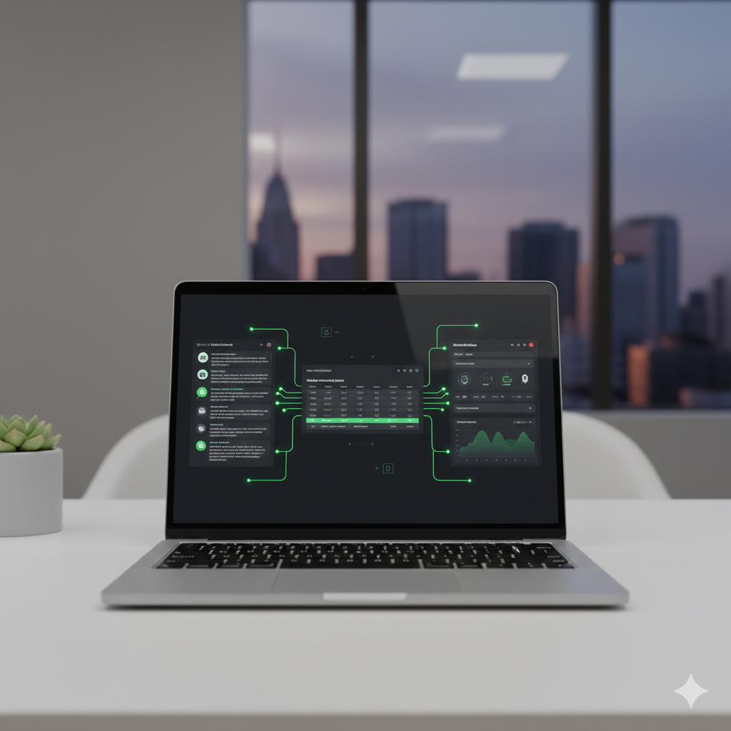 مخطط هندسي لبنية التكامل التقني بين جمع البيانات ومعالجتها وتنفيذ الأتمتة عبر الواتساب