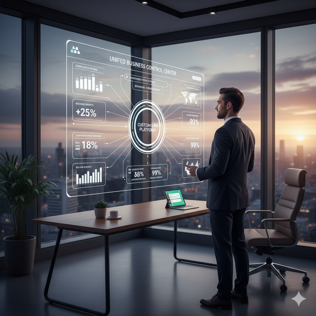 تحليل بياني يوضح نمو العائد على الاستثمار ROI عند الانتقال من CRM جاهز إلى نظام مخصص ومؤتمت