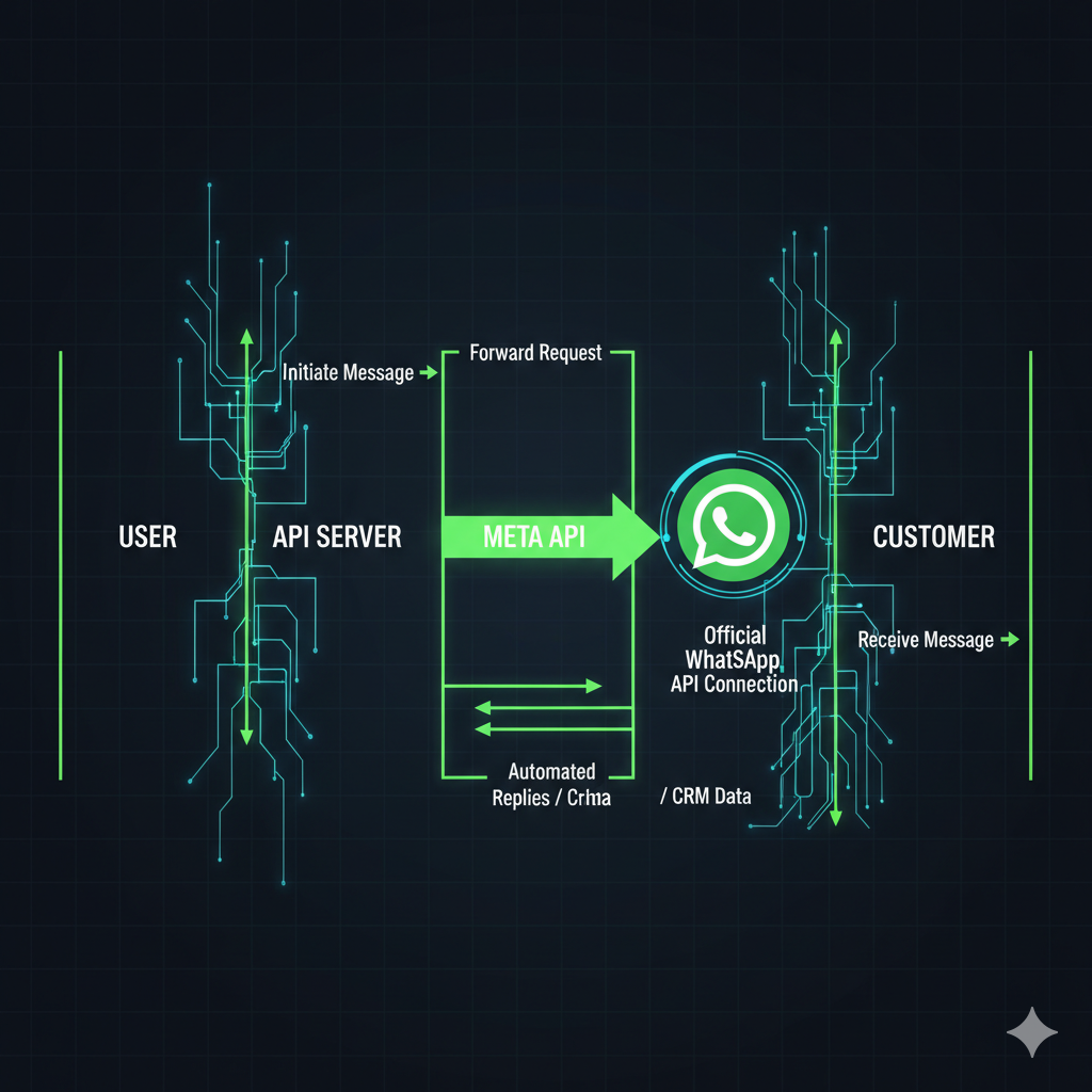 رسم توضيحي لبنية نظام WhatsApp API وتدفق البيانات بين Meta والخوادم السحابية