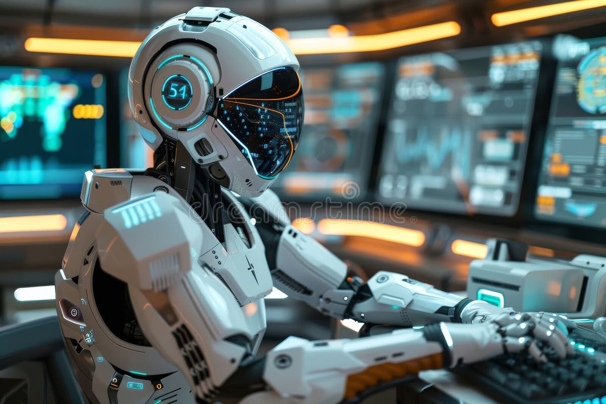 روبوت ذكاء اصطناعي متطور يعمل على لوحة تحكم تقنية ترمز إلى إدارة الـ Prompt Engineering في بيئة عمل مستقبلية